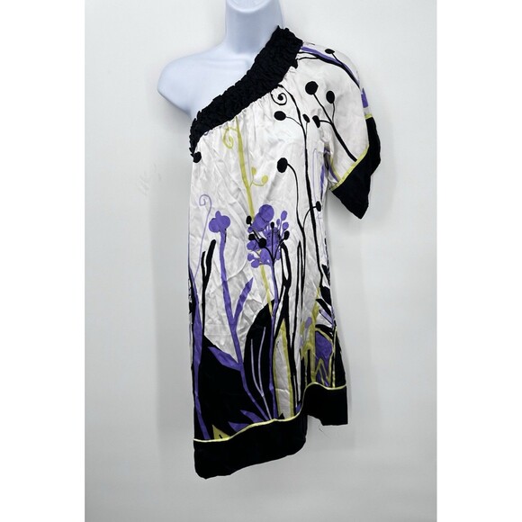 Bebe 100% Silk Off Shoulder Gathered Neck Print Blouse Shirt Top floral Y2k - Picture 2 of 6